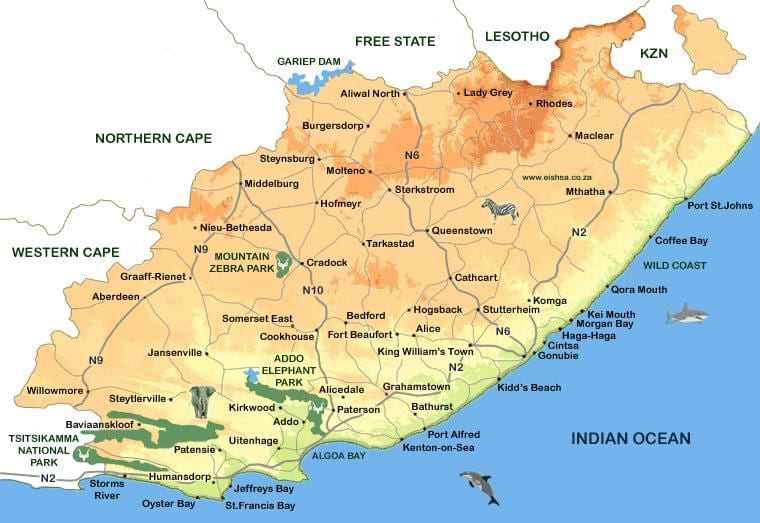 carte de l'est du Cap Villes