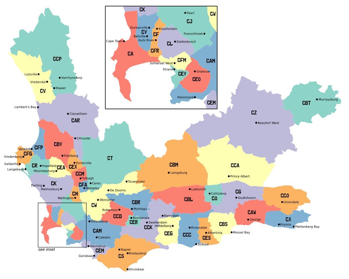 carte de l'ouest de la banlieue du cap