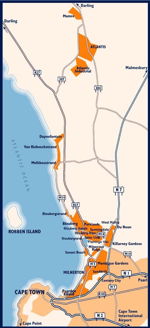 carte de l'ouest de la plage de Cape Town