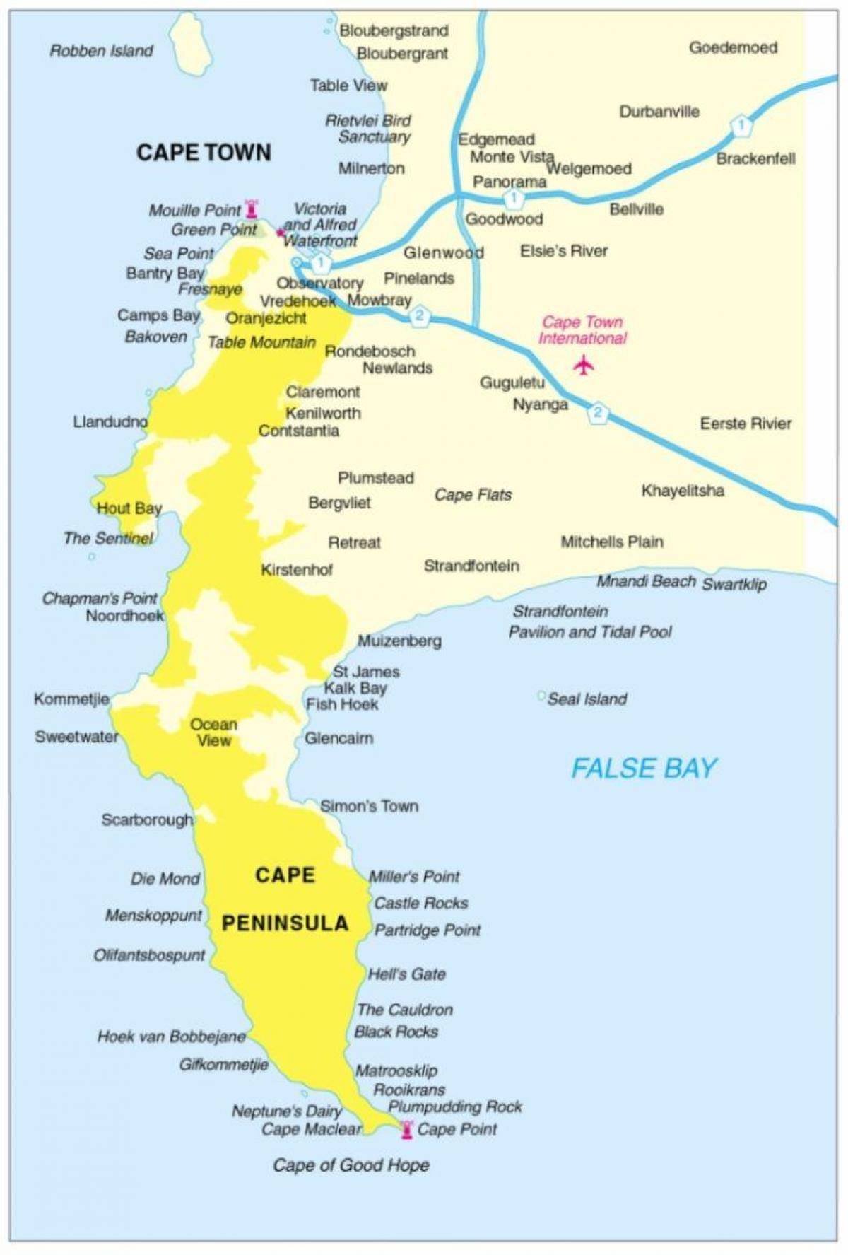 carte de la péninsule du cap en Afrique du Sud