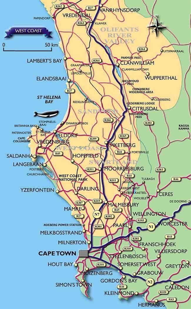 carte des côtes de Cape Town
