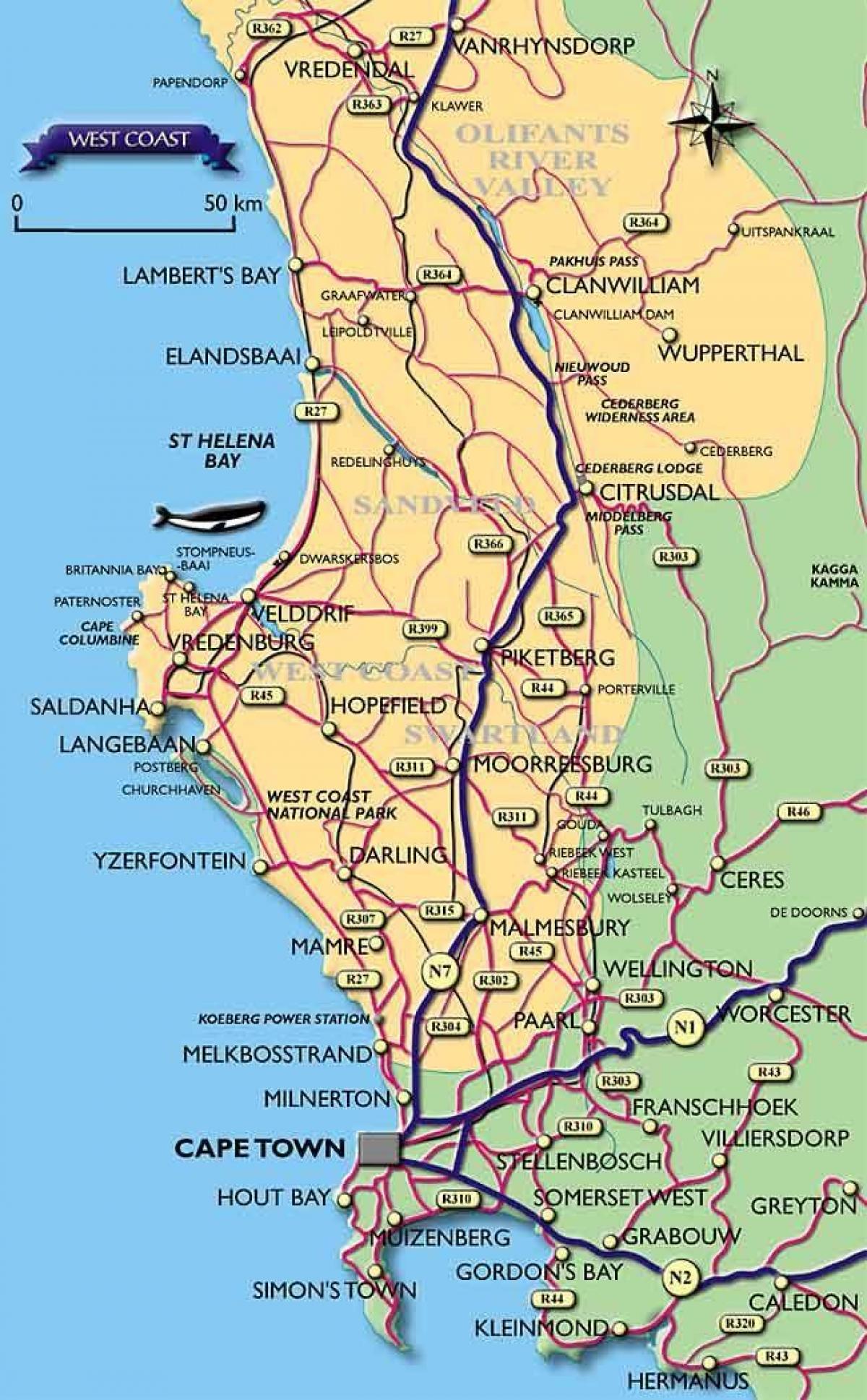 carte des côtes de Cape Town