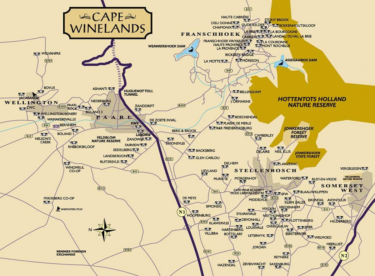 carte de la région vinicole du Cap